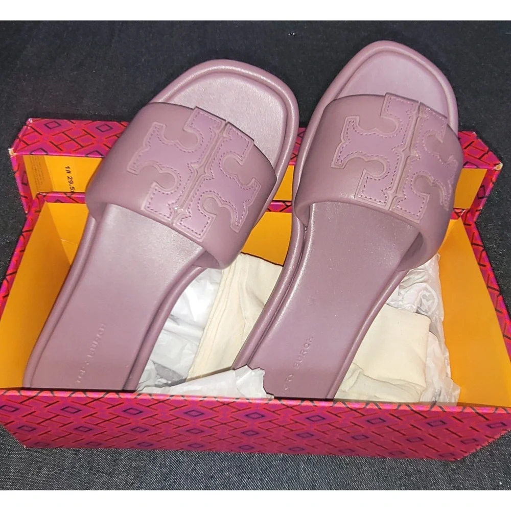Tory Burch Double T Sport Slide Cipria Size 6.5 Leather Dusty Purple New In Box